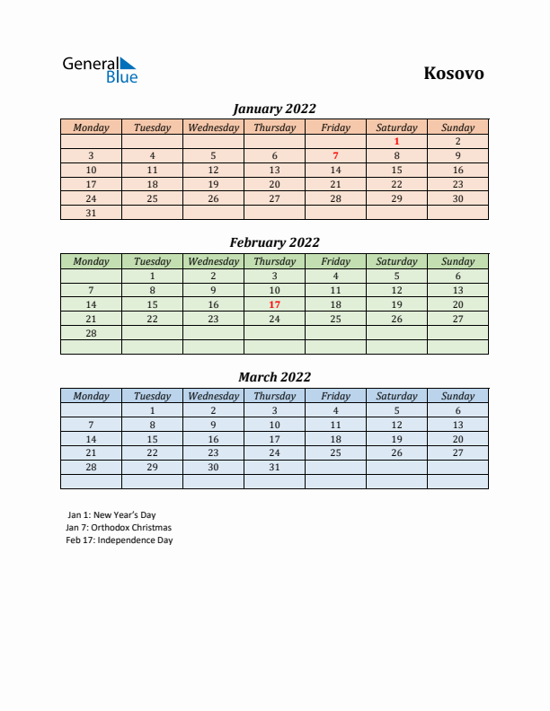 Q1 2022 Holiday Calendar - Kosovo