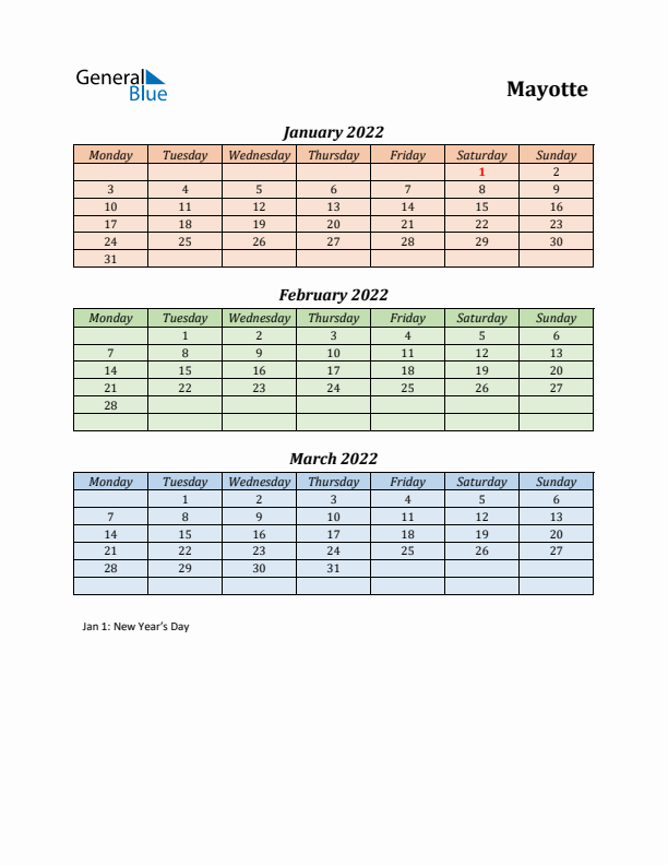 Q1 2022 Holiday Calendar - Mayotte