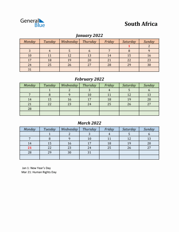 Q1 2022 Holiday Calendar - South Africa