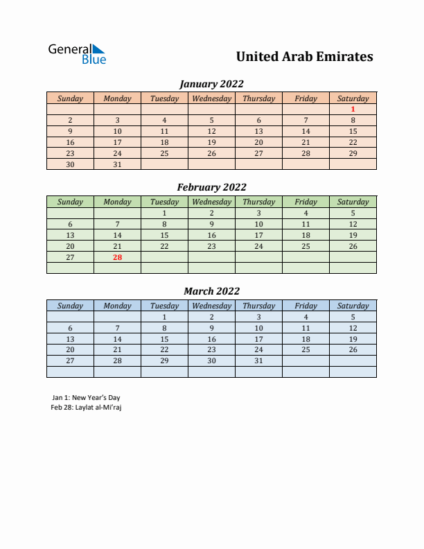 Q1 2022 Holiday Calendar - United Arab Emirates