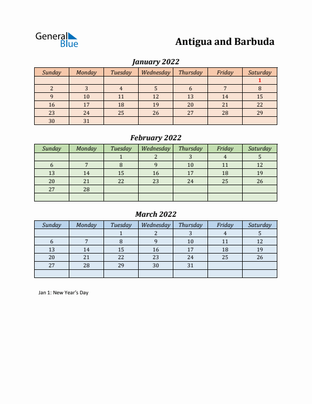 Q1 2022 Holiday Calendar - Antigua and Barbuda