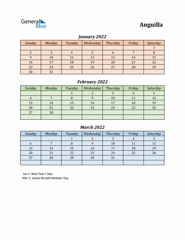 Q1 2022 Holiday Calendar - Anguilla