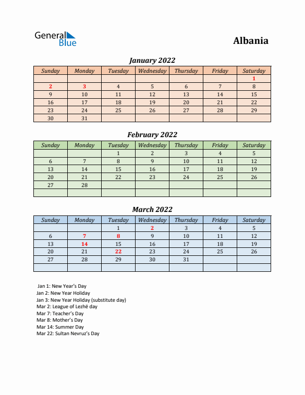 Q1 2022 Holiday Calendar - Albania