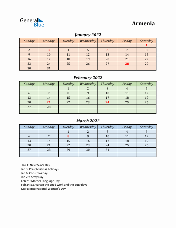 Q1 2022 Holiday Calendar - Armenia