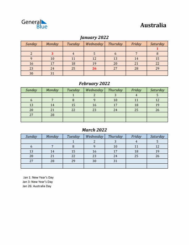 Q1 2022 Holiday Calendar - Australia