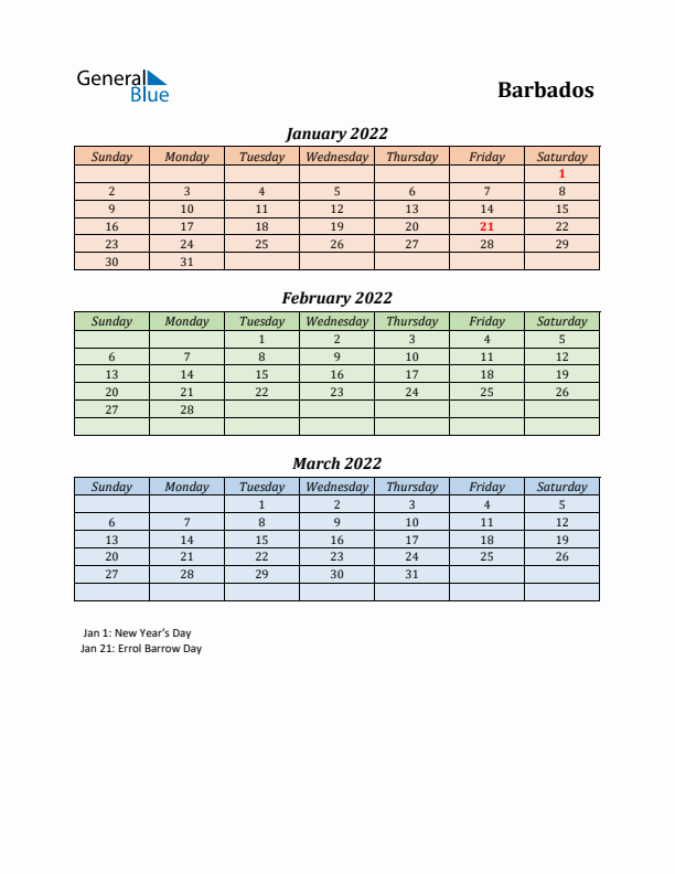 Q1 2022 Holiday Calendar - Barbados