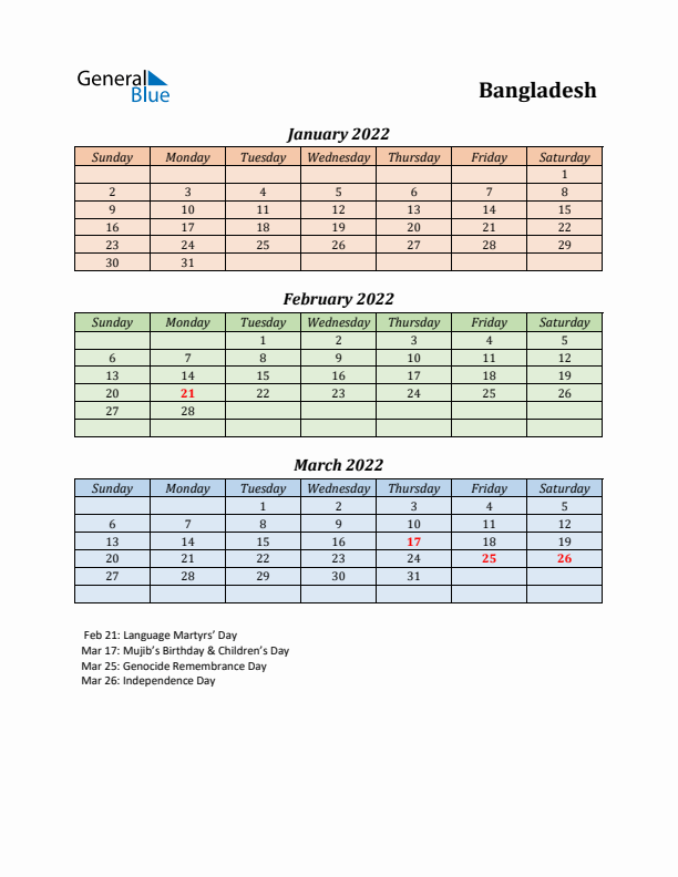 Q1 2022 Holiday Calendar - Bangladesh