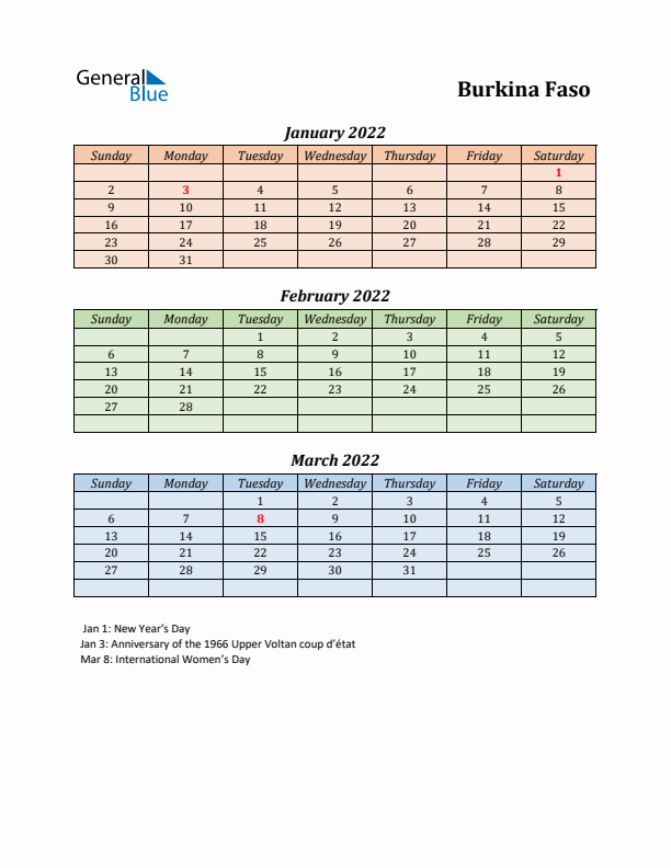 Q1 2022 Holiday Calendar - Burkina Faso