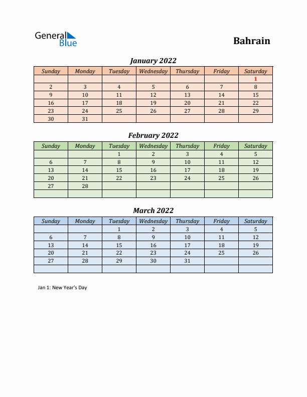 Q1 2022 Holiday Calendar - Bahrain