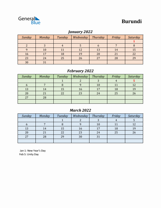 Q1 2022 Holiday Calendar - Burundi