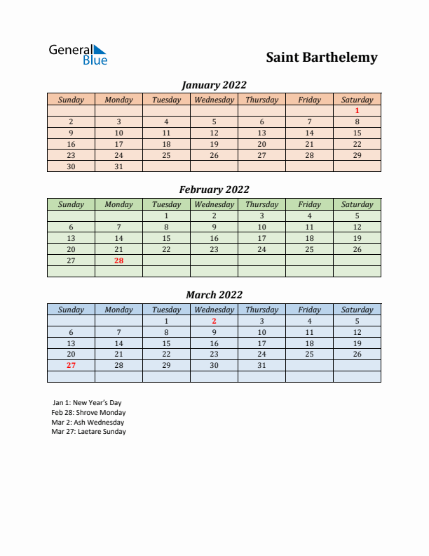 Q1 2022 Holiday Calendar - Saint Barthelemy