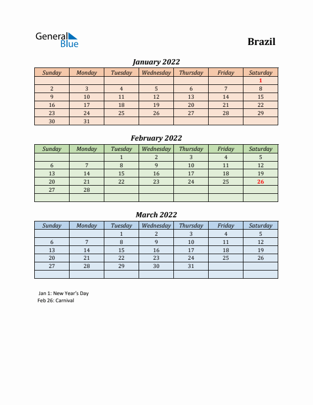 Q1 2022 Holiday Calendar - Brazil