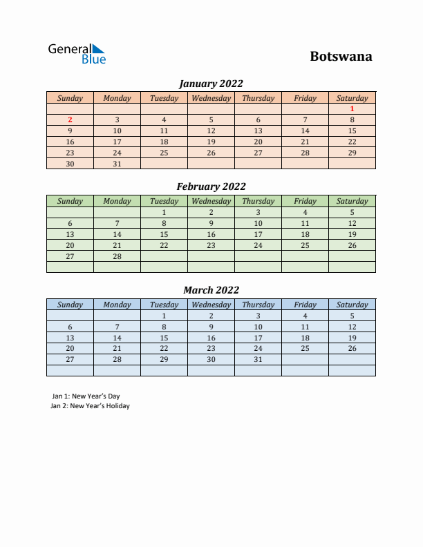 Q1 2022 Holiday Calendar - Botswana