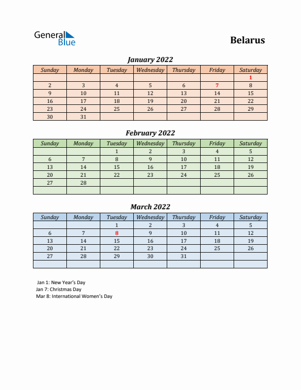 Q1 2022 Holiday Calendar - Belarus