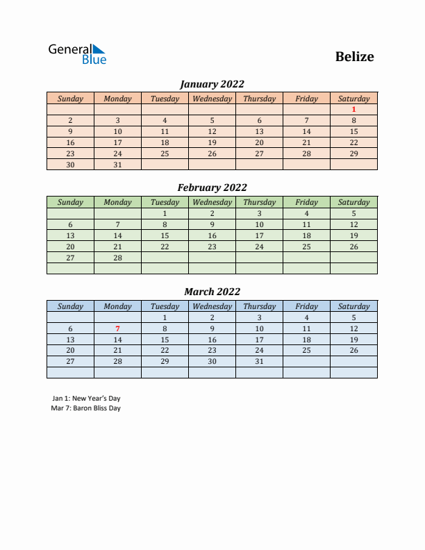 Q1 2022 Holiday Calendar - Belize