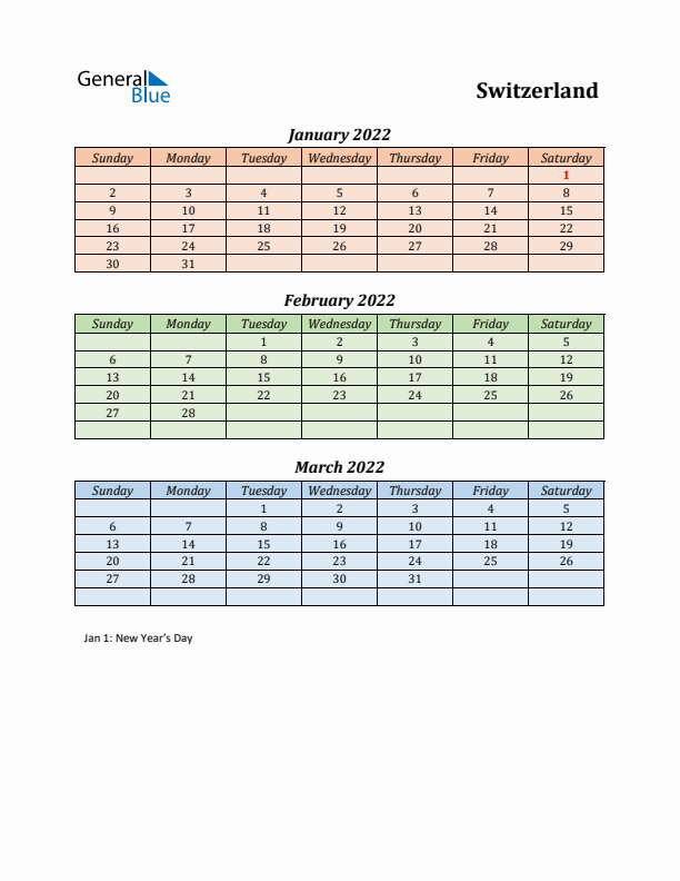 Q1 2022 Holiday Calendar - Switzerland