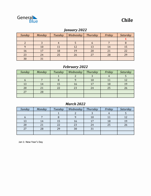 Q1 2022 Holiday Calendar - Chile