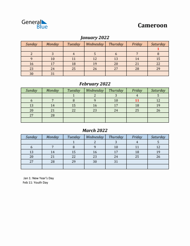 Q1 2022 Holiday Calendar - Cameroon