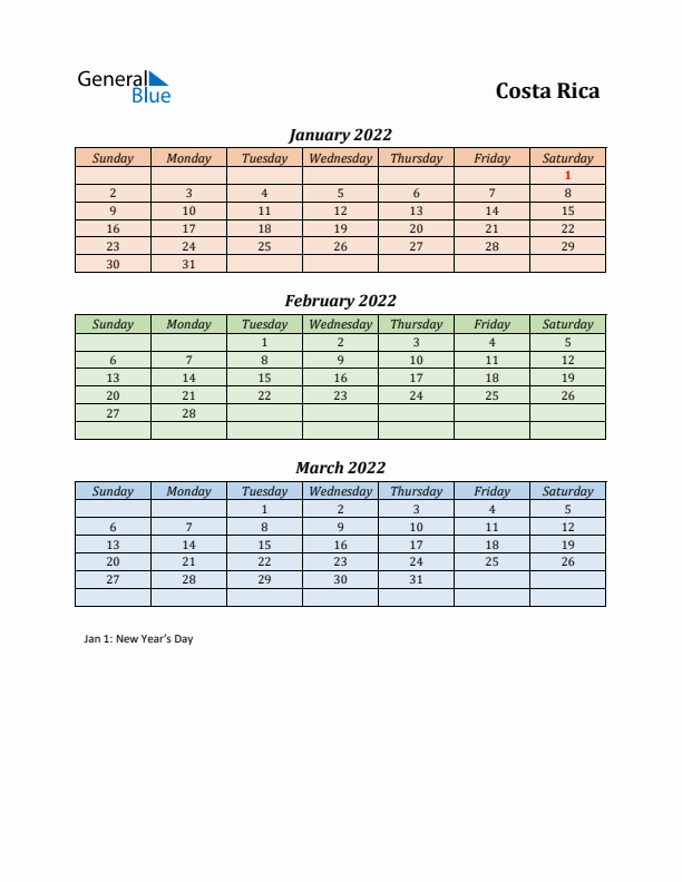 Q1 2022 Holiday Calendar - Costa Rica