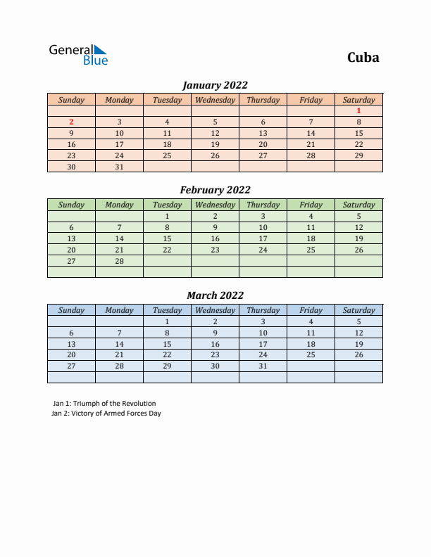 Q1 2022 Holiday Calendar - Cuba