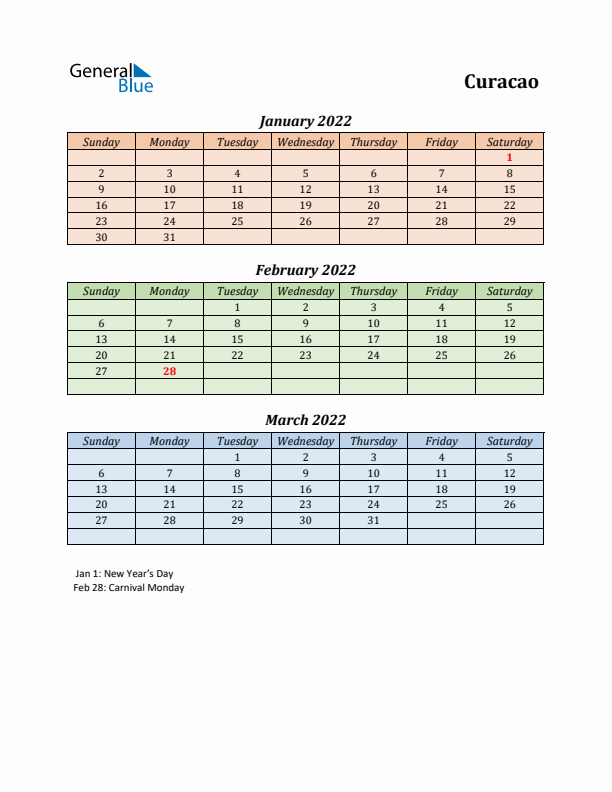 Q1 2022 Holiday Calendar - Curacao