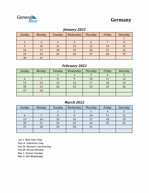 Q1 2022 Holiday Calendar - Germany