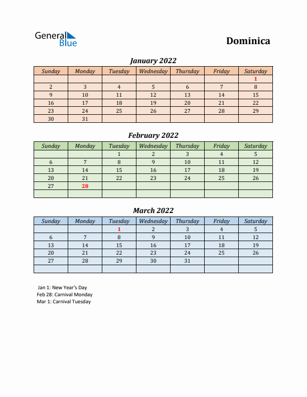 Q1 2022 Holiday Calendar - Dominica