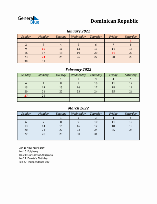 Q1 2022 Holiday Calendar - Dominican Republic