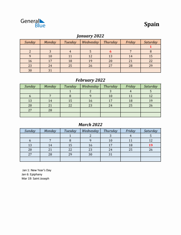 Q1 2022 Holiday Calendar - Spain