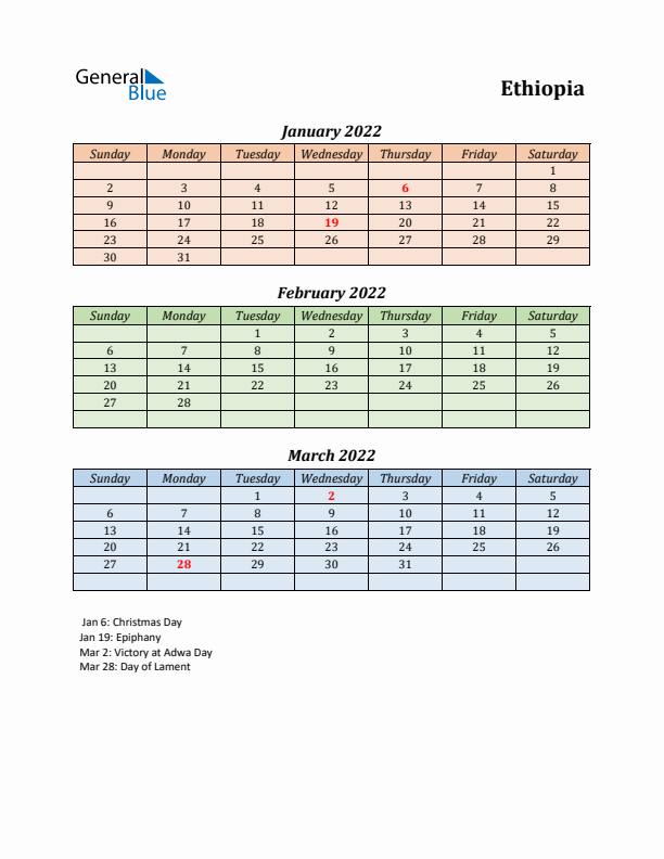 Q1 2022 Holiday Calendar - Ethiopia