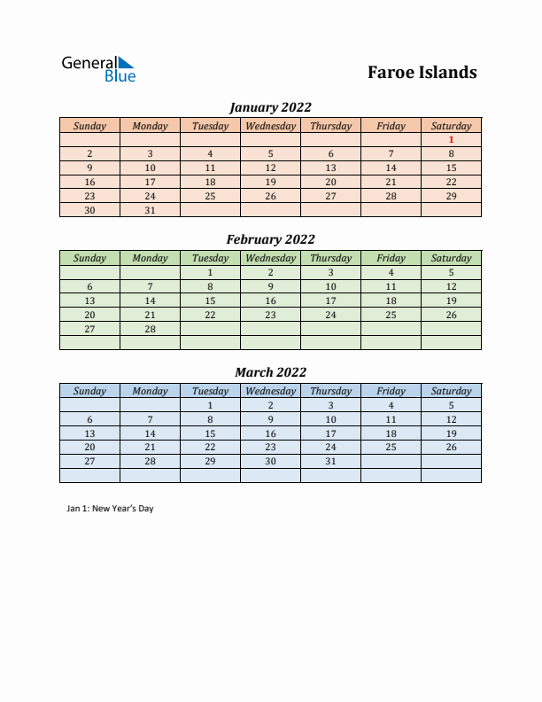 Q1 2022 Holiday Calendar - Faroe Islands