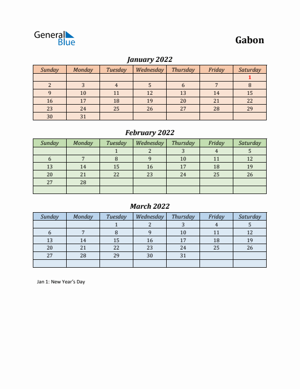 Q1 2022 Holiday Calendar - Gabon