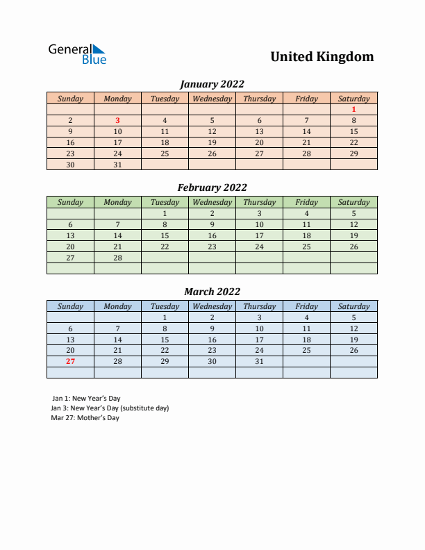 Q1 2022 Holiday Calendar - United Kingdom