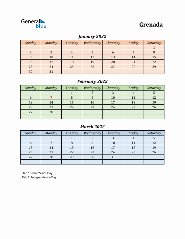 Q1 2022 Holiday Calendar - Grenada