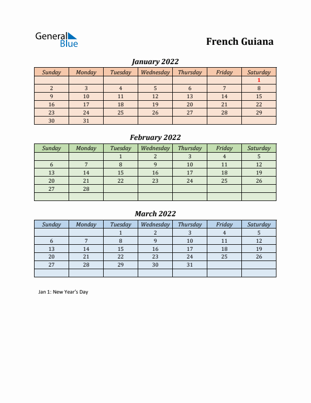 Q1 2022 Holiday Calendar - French Guiana