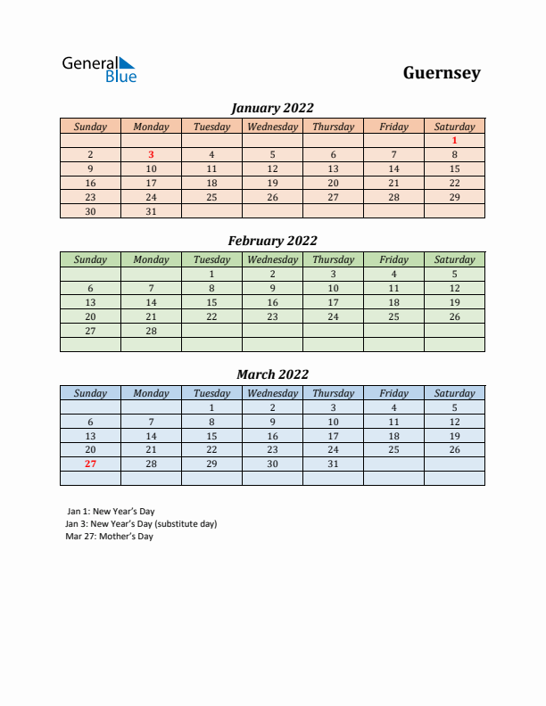 Q1 2022 Holiday Calendar - Guernsey