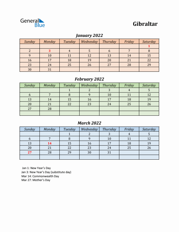 Q1 2022 Holiday Calendar - Gibraltar