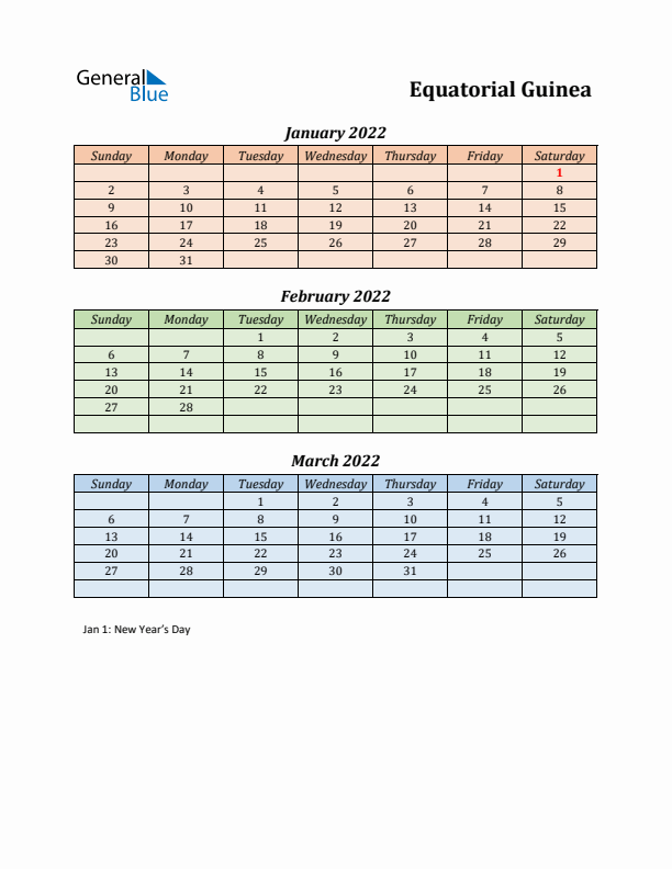 Q1 2022 Holiday Calendar - Equatorial Guinea