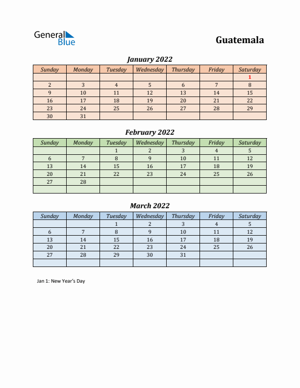 Q1 2022 Holiday Calendar - Guatemala