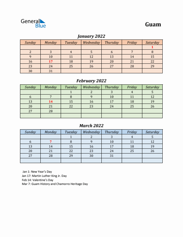 Q1 2022 Holiday Calendar - Guam