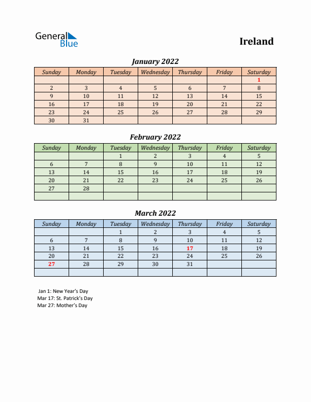 Q1 2022 Holiday Calendar - Ireland