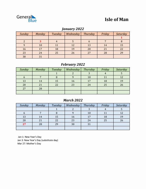 Q1 2022 Holiday Calendar - Isle of Man