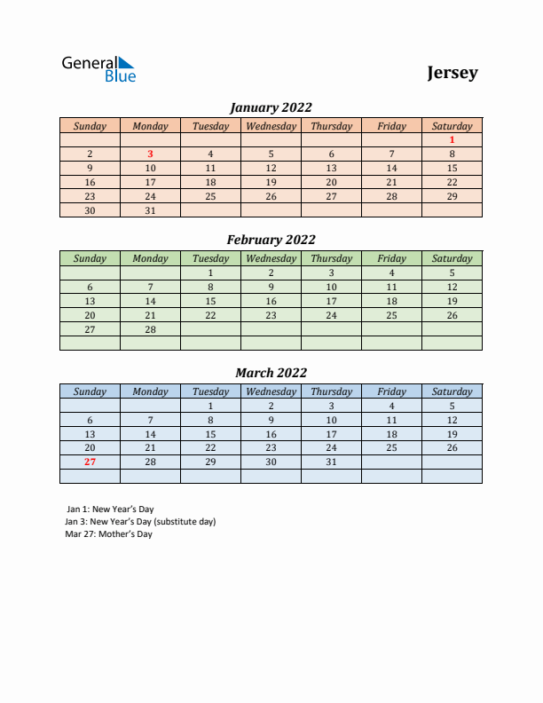 Q1 2022 Holiday Calendar - Jersey