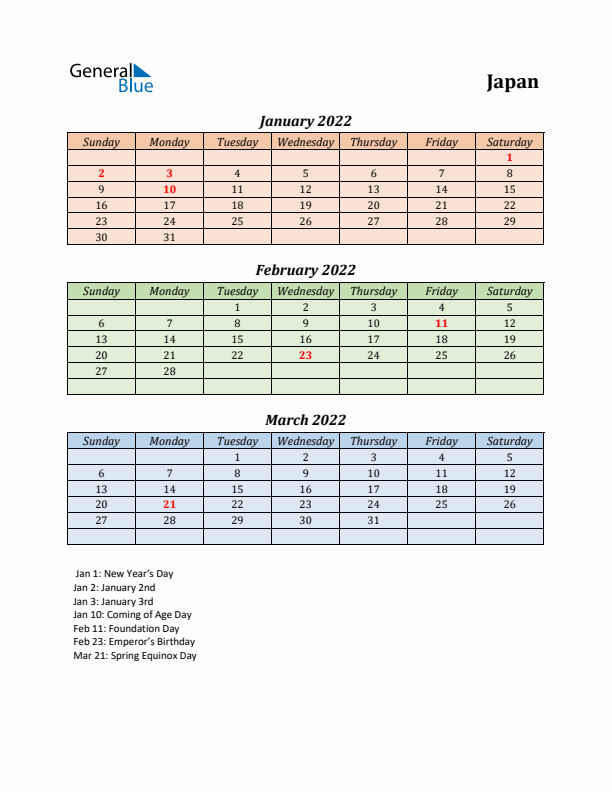 Q1 2022 Holiday Calendar - Japan