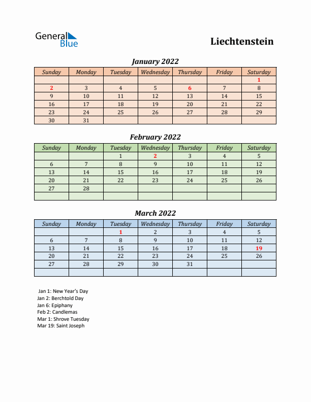 Q1 2022 Holiday Calendar - Liechtenstein