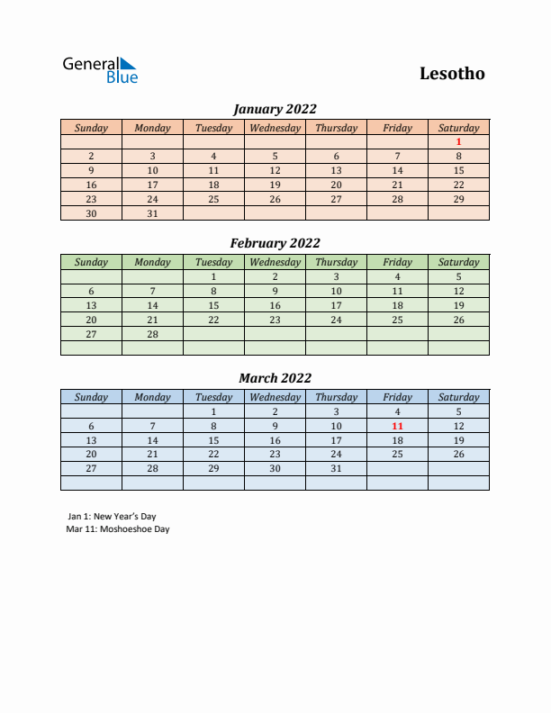 Q1 2022 Holiday Calendar - Lesotho