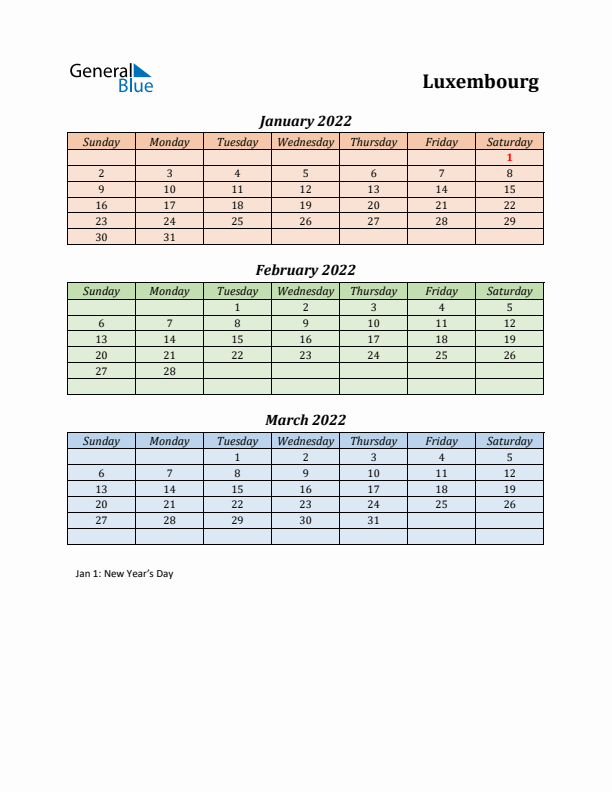 Q1 2022 Holiday Calendar - Luxembourg