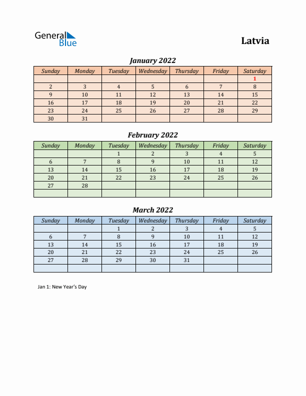 Q1 2022 Holiday Calendar - Latvia