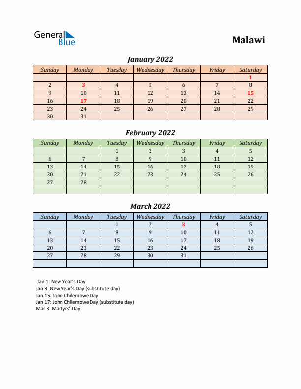 Q1 2022 Holiday Calendar - Malawi