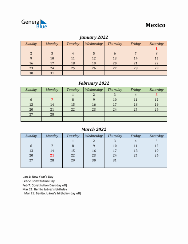 Q1 2022 Holiday Calendar - Mexico